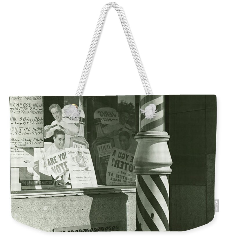 1930-1939 Weekender Tote Bag featuring the photograph Striped Barber Pole Outside Shop, B&w by George Marks
