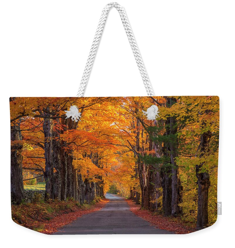 Sugar Weekender Tote Bag featuring the photograph Sugar Hill Autumn Maple Road by White Mountain Images