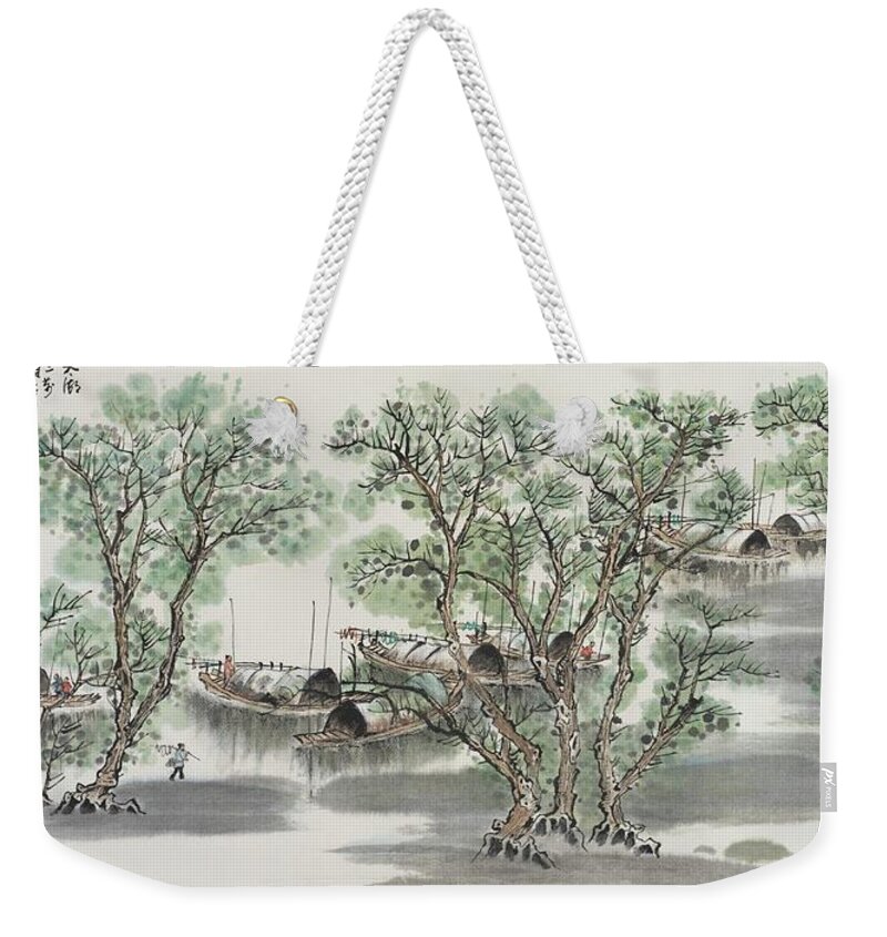 Chinese Watercolor Weekender Tote Bag featuring the painting Summer on Taihu Lake by Jenny Sanders