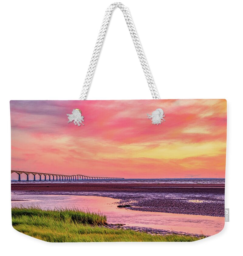 Pei Weekender Tote Bag featuring the photograph Summer Sunset at Confederation Bridge, Painterly by Marcy Wielfaert