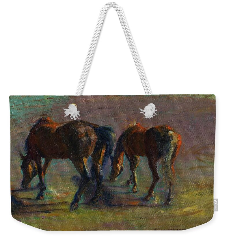 Horses Weekender Tote Bag featuring the painting Sun Dappled Bottoms by Susan Hensel