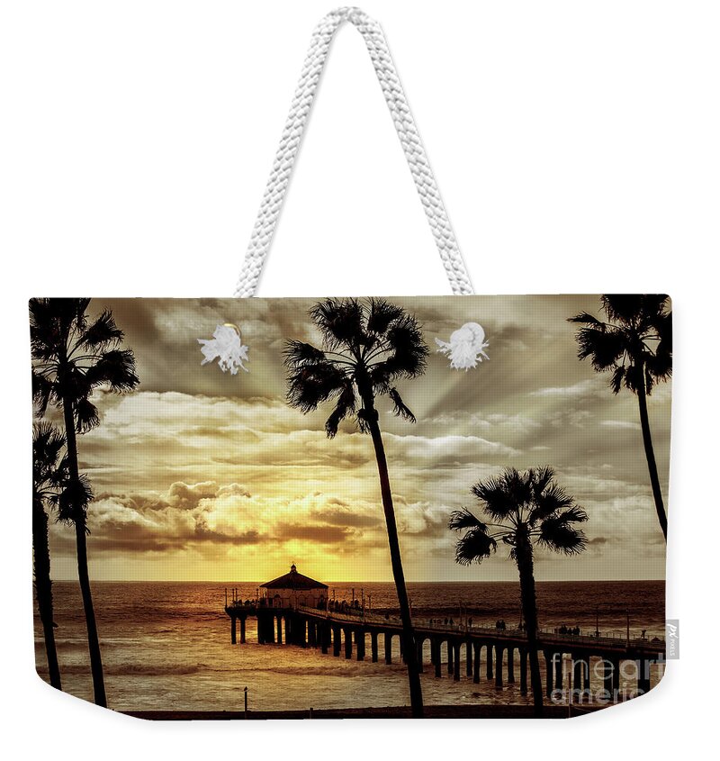 Manhattan Beach California Pier Weekender Tote Bag featuring the photograph Sun Setting On Pier  by Jerry Cowart