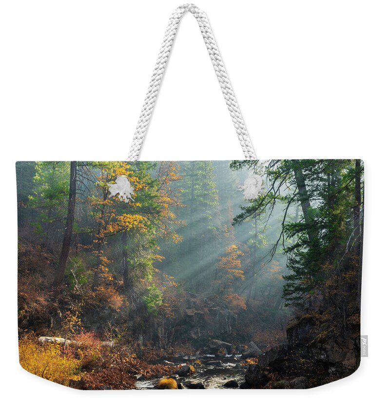 Mccloud Weekender Tote Bag featuring the photograph Sunbeams on the McCloud River by Don Hoekwater Photography