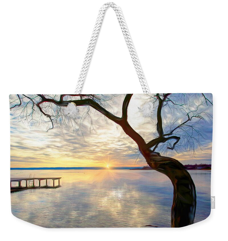 Sunset Weekender Tote Bag featuring the photograph Sundown on Edinboro Lake by Susan Hope Finley
