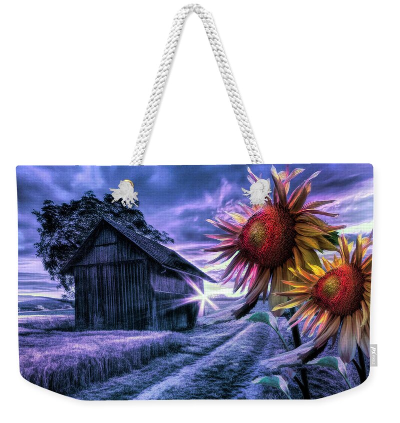 American Weekender Tote Bag featuring the photograph Sunflower Watch in Night Shades by Debra and Dave Vanderlaan