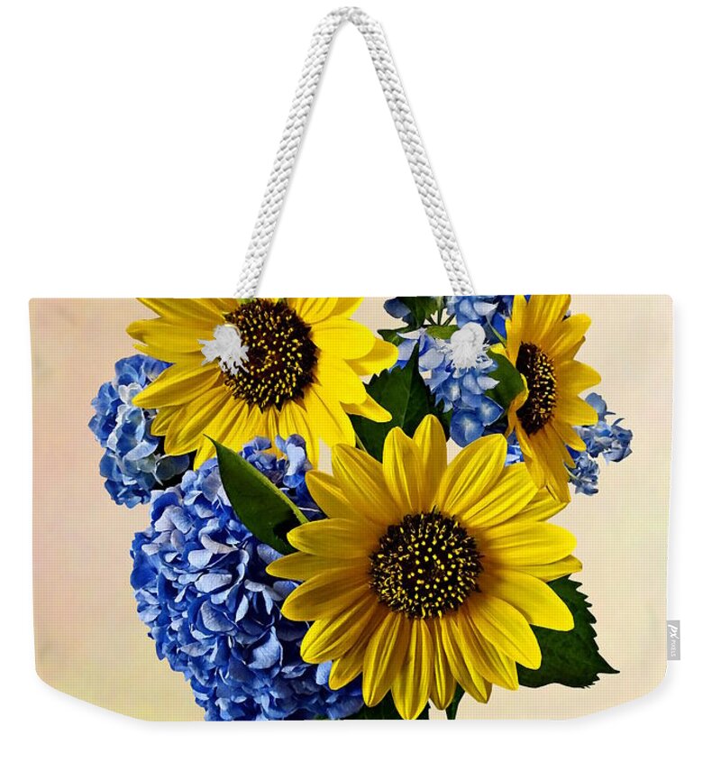 Sunflowers Weekender Tote Bag featuring the photograph Sunflowers and Hydrangeas by Susan Savad