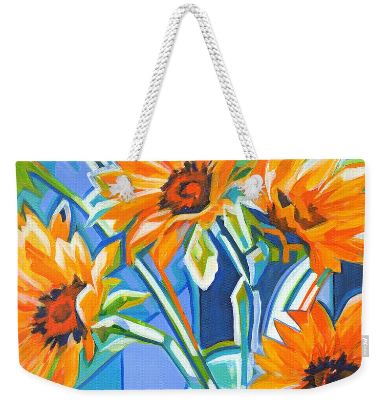 Contemporary Painting Weekender Tote Bag featuring the painting Sunflowers Geometry by Tanya Filichkin
