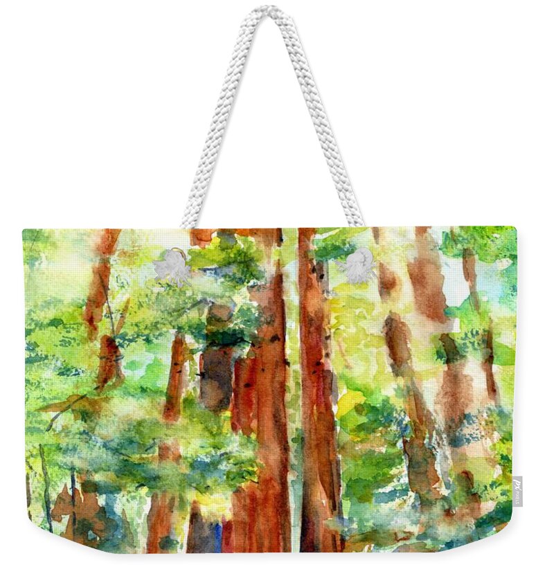 Redwoods Weekender Tote Bag featuring the painting Sunlight through Redwood Trees by Carlin Blahnik CarlinArtWatercolor
