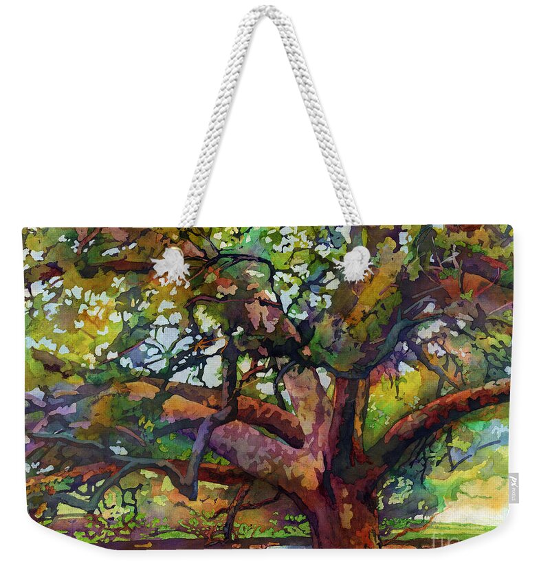 Oak Weekender Tote Bag featuring the painting Sunlit Century Tree by Hailey E Herrera