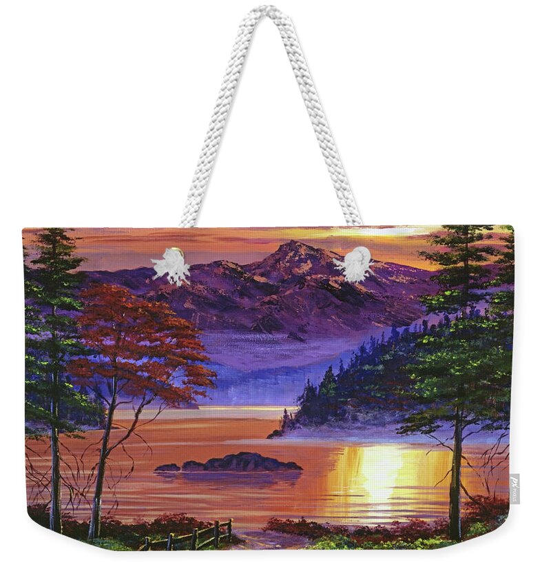 Landscape Weekender Tote Bag featuring the painting Sunrise At Misty Lake by David Lloyd Glover