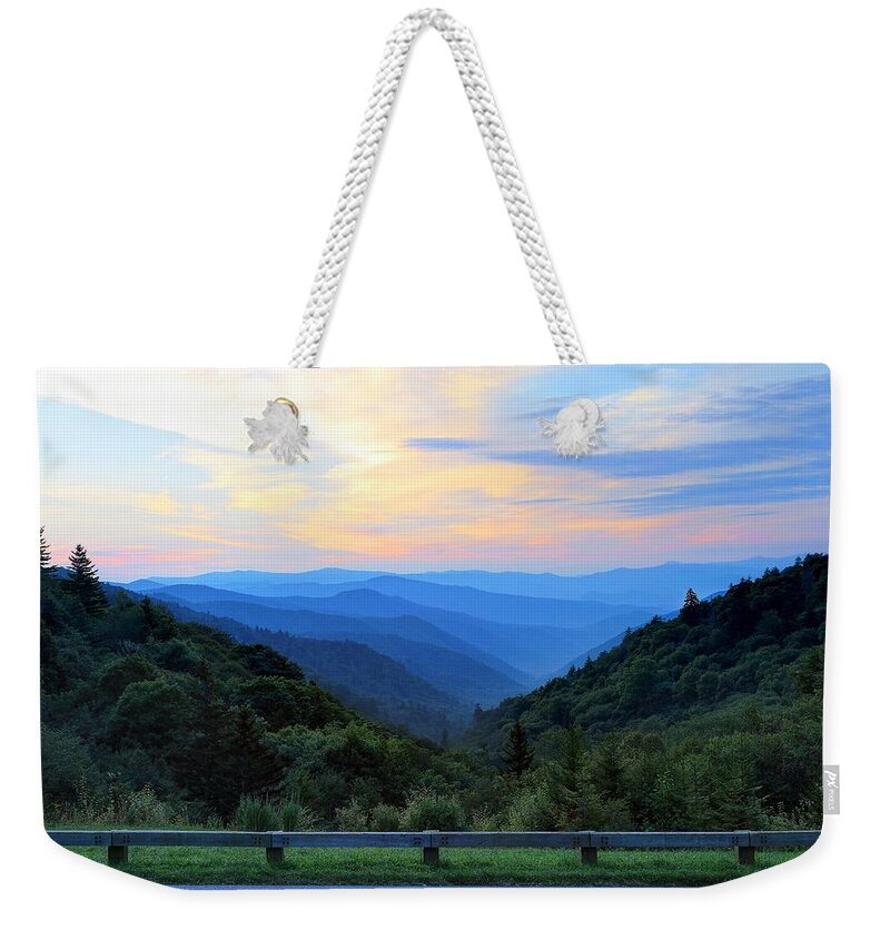 Sunrise At The Oconaluftee Valley Overlook Weekender Tote Bag featuring the photograph Sunrise At The Oconaluftee Valley Overlook by Carol Montoya