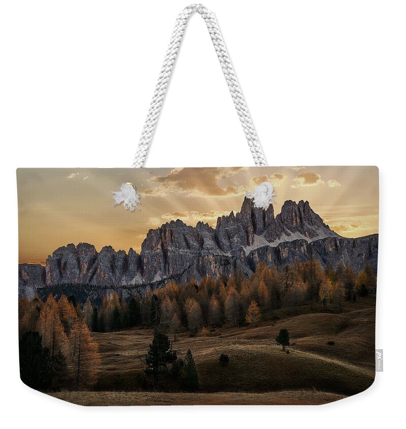  Dolomites Weekender Tote Bag featuring the photograph Sunrise in the Dolomites by Jon Glaser