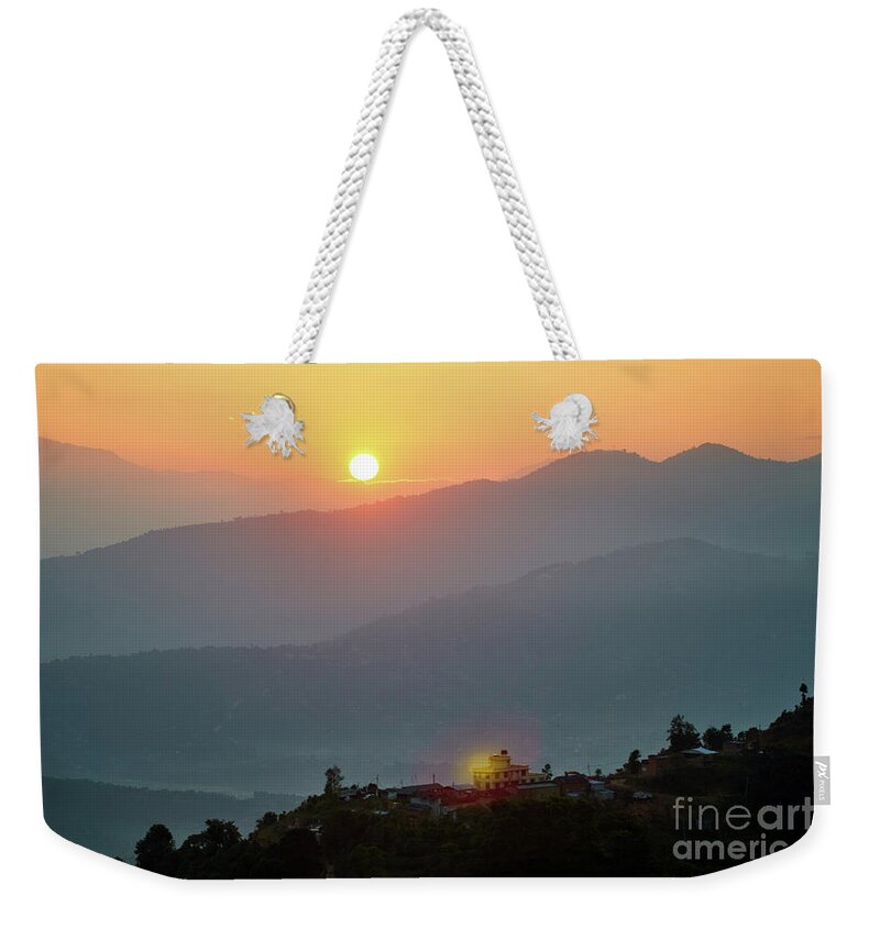 Himalaya Weekender Tote Bag featuring the photograph Sunset above mountain in valley Himalayas mountains by Raimond Klavins