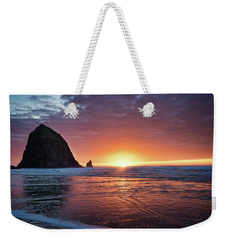 Sunset Weekender Tote Bag featuring the photograph Sunset at the Rock - Cannon Beach by Jeanette Mahoney