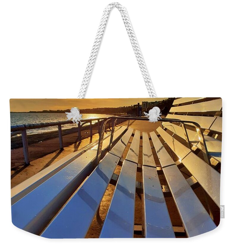 Sunset Weekender Tote Bag featuring the photograph Sunset Bench by Andrea Whitaker