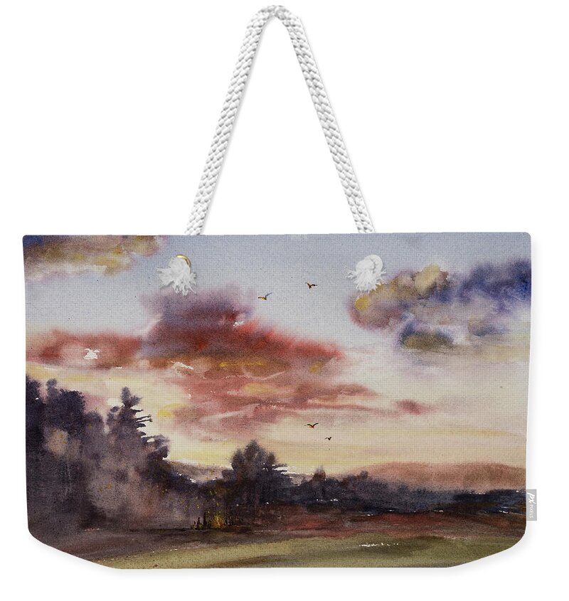 Watercolor Weekender Tote Bag featuring the painting Sunset Bonfire by Judith Levins