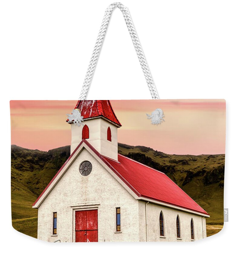 Church Weekender Tote Bag featuring the photograph Sunset Chapel of Iceland by David Letts