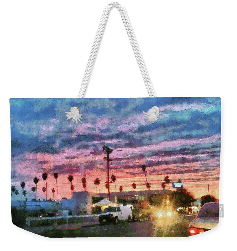 Sunset Weekender Tote Bag featuring the digital art Sunset in Santa Monica by Bernie Sirelson