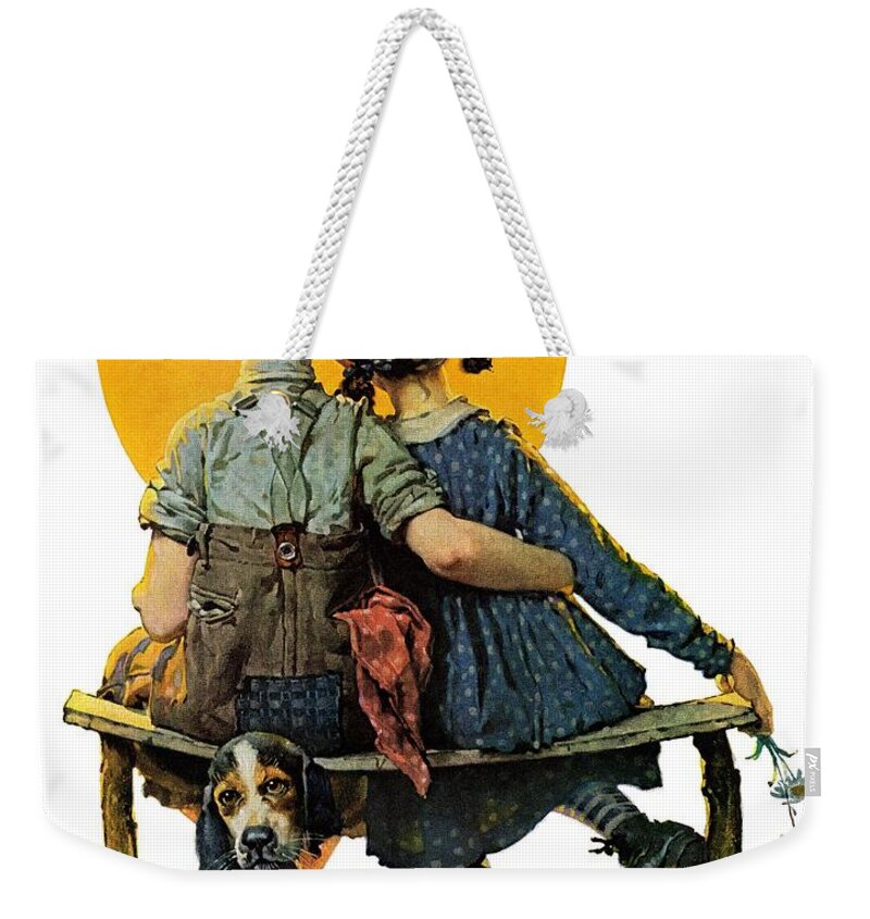 Benches Weekender Tote Bag featuring the painting Sunset by Norman Rockwell