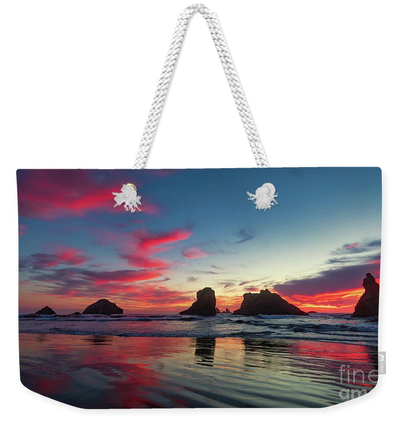 Bandon Beach Weekender Tote Bag featuring the photograph Sunset On Bandon Beach by Doug Sturgess