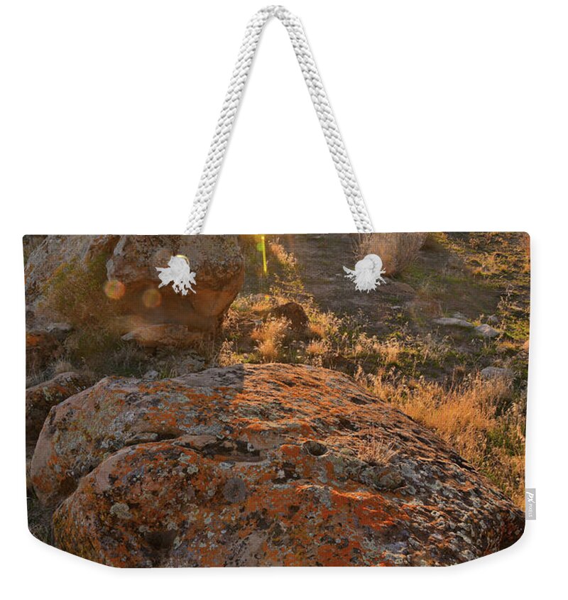 Book Cliffs Weekender Tote Bag featuring the photograph Sunset on Colorful Boulders of Book Cliffs by Ray Mathis