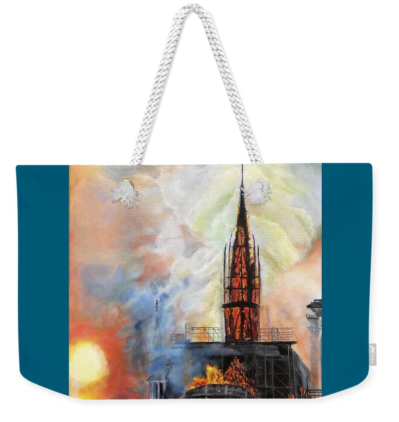 Notre Dame Weekender Tote Bag featuring the painting Sunset on Notre Dame by Kate Conaboy