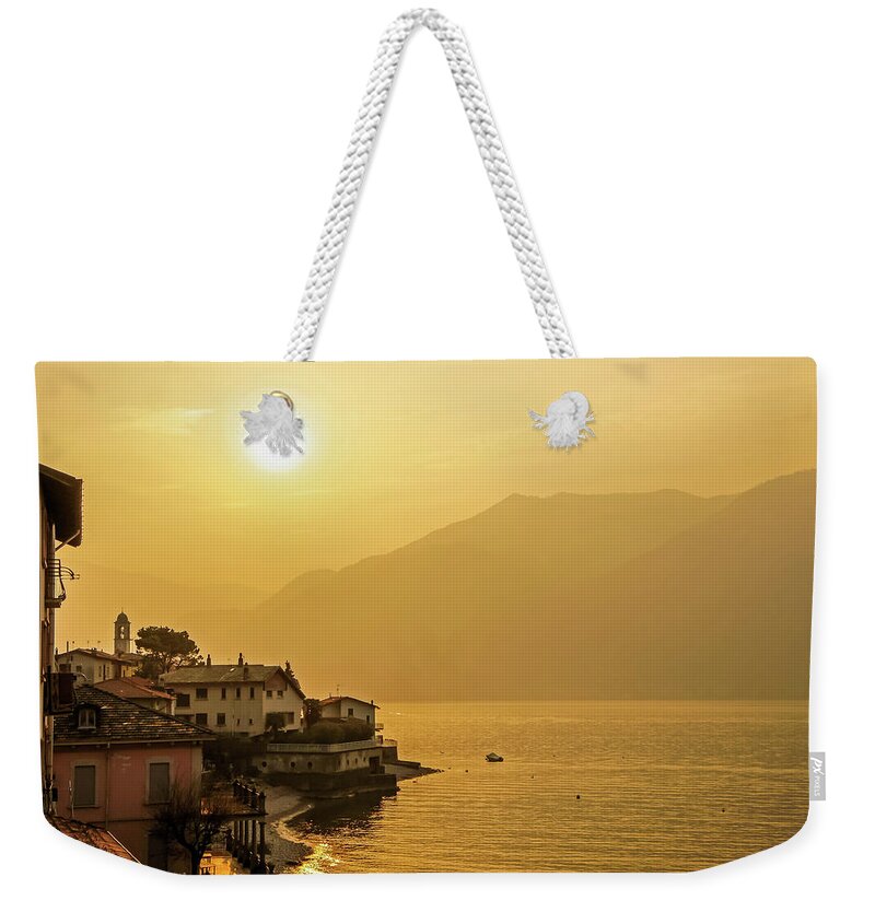 Alps Weekender Tote Bag featuring the photograph Sunset over Lake Como, Italy by Dawn Richards