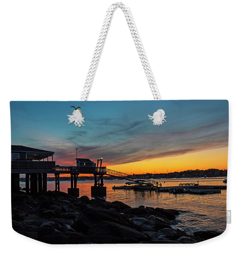 Salem Weekender Tote Bag featuring the photograph Sunset over the Salem Yacht Club Salem Willows MA by Toby McGuire