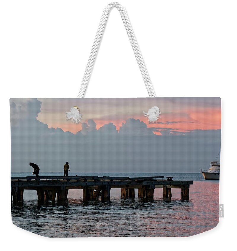 Landscape Weekender Tote Bag featuring the photograph Sunset pier by Shirley Mitchell
