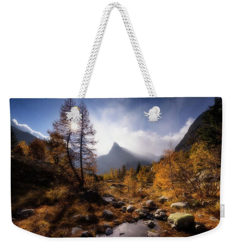 Water Weekender Tote Bag featuring the photograph Sunstar through the trees by Dominique Dubied