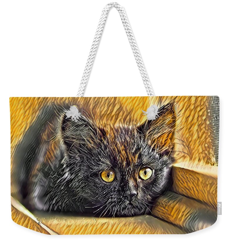 Gold Weekender Tote Bag featuring the digital art Super Cool Black Cat Gold Eyes by Don Northup