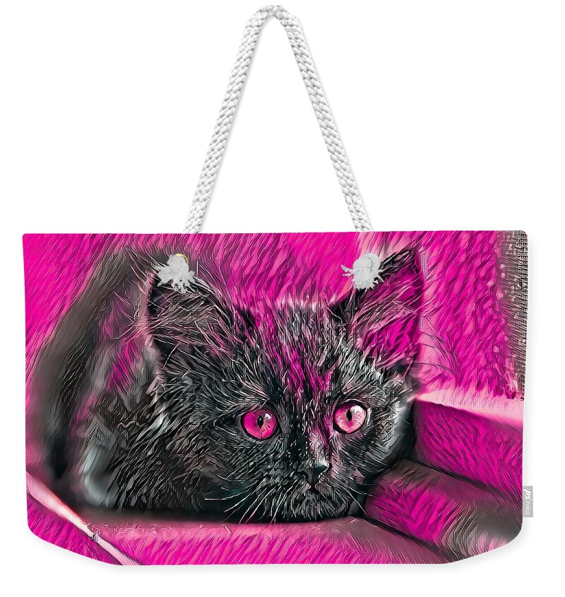 Pink Weekender Tote Bag featuring the digital art Super Cool Black Cat Pink Eyes by Don Northup