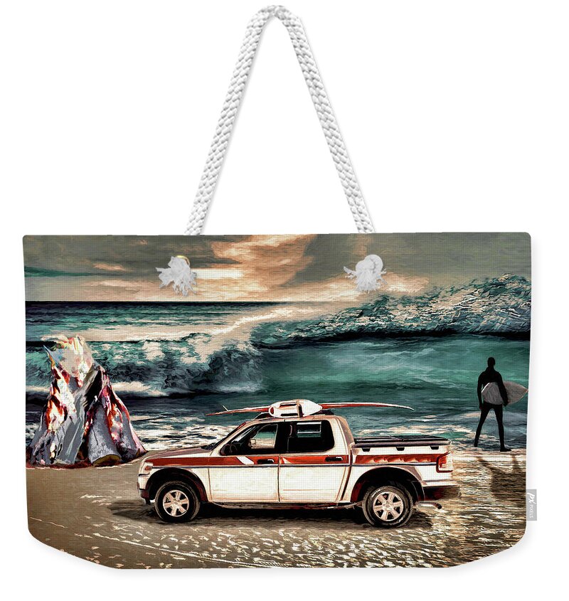 Surf Weekender Tote Bag featuring the digital art Surfing at Sundown by Pennie McCracken