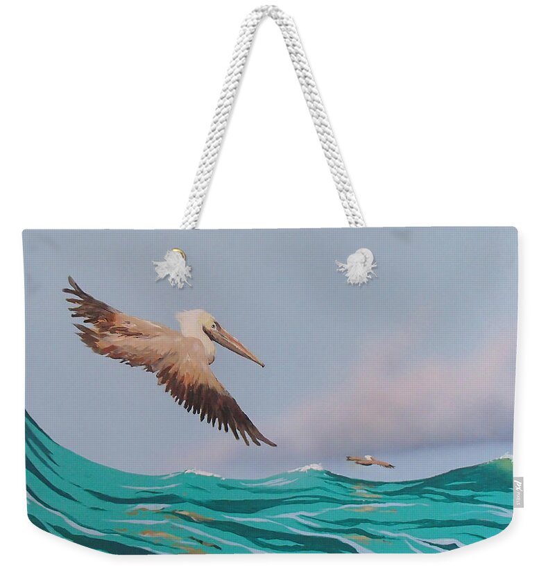 Pelicans Weekender Tote Bag featuring the painting Surfing by Philip Fleischer