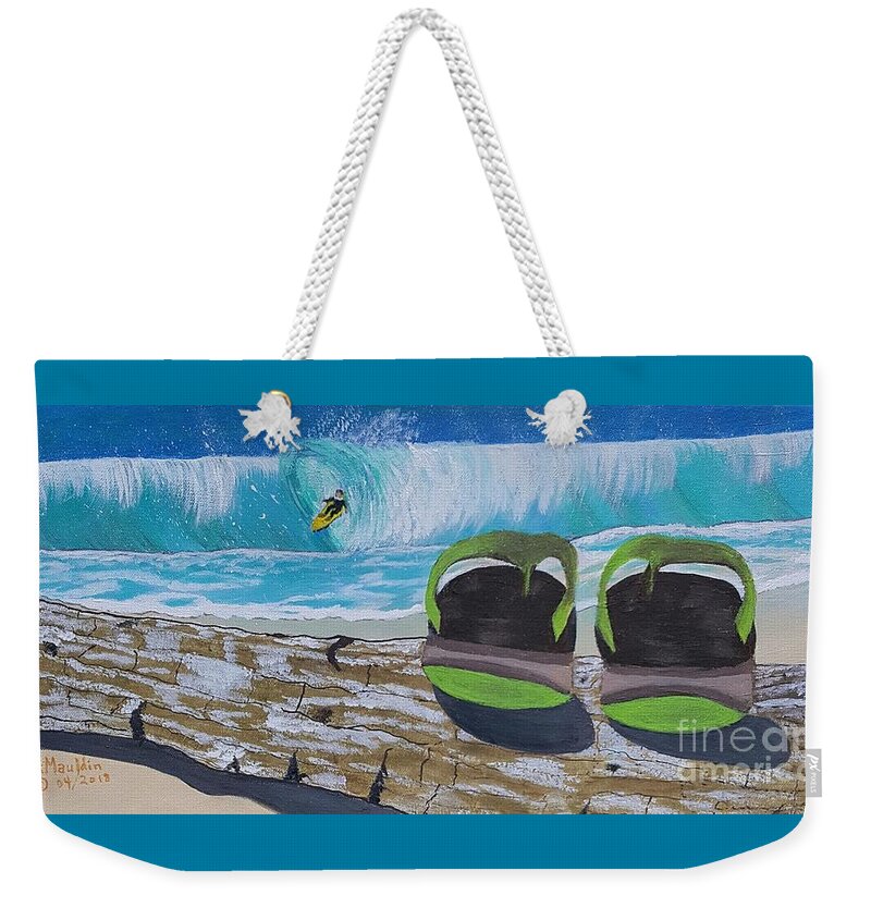 Surf's Up Weekender Tote Bag featuring the painting Surf's Up, Sandals Down by Elizabeth Dale Mauldin