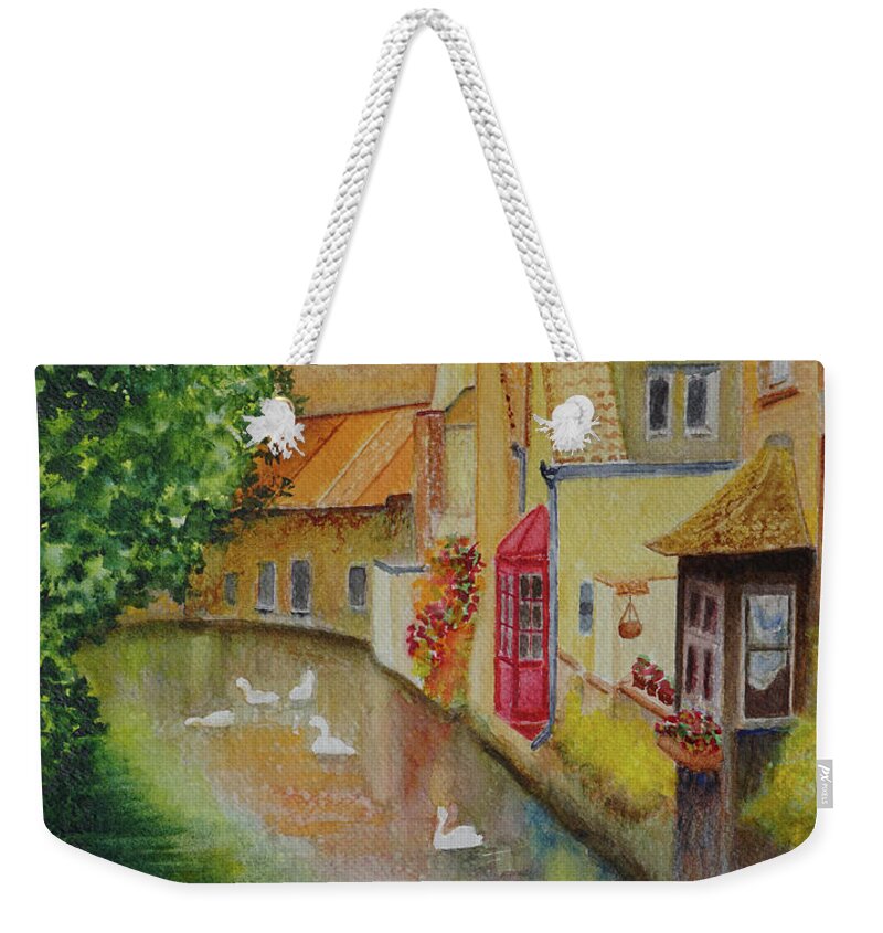 Bruges Weekender Tote Bag featuring the painting Swan Canal by Karen Fleschler