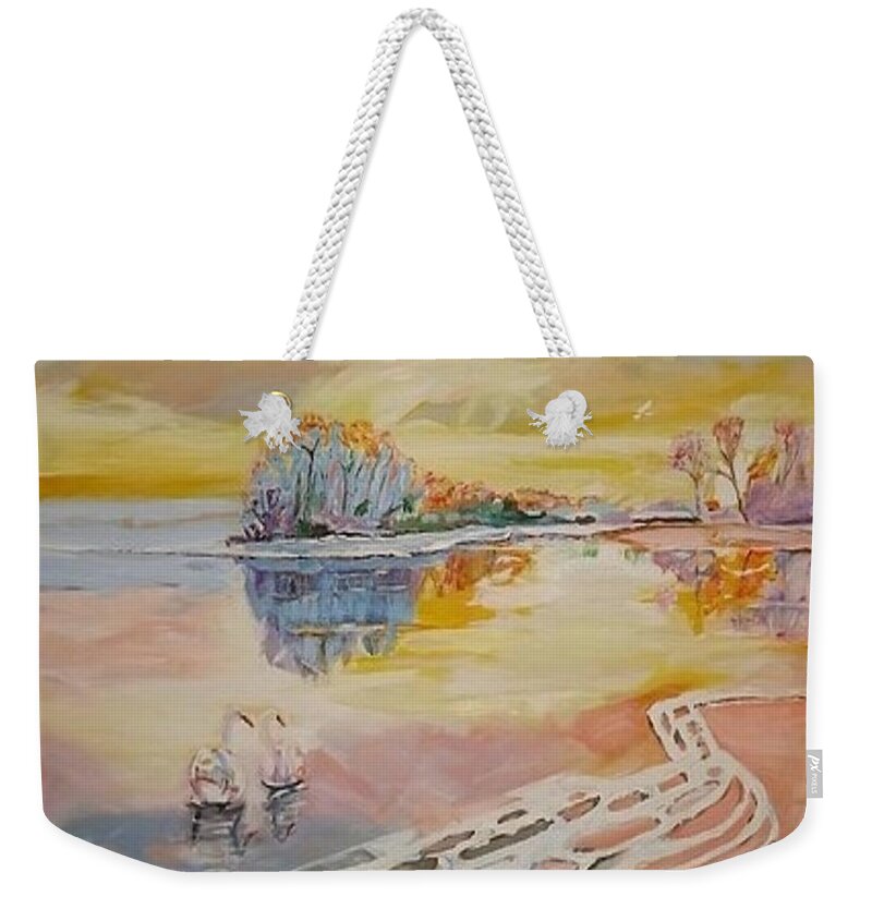 Acrylic Weekender Tote Bag featuring the painting Swan Lake by Denise Morgan