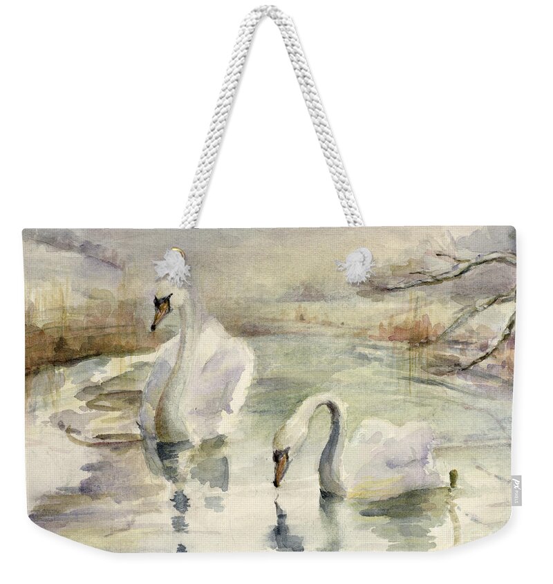 Swan Weekender Tote Bag featuring the painting Swans in Winter by Karen Armitage