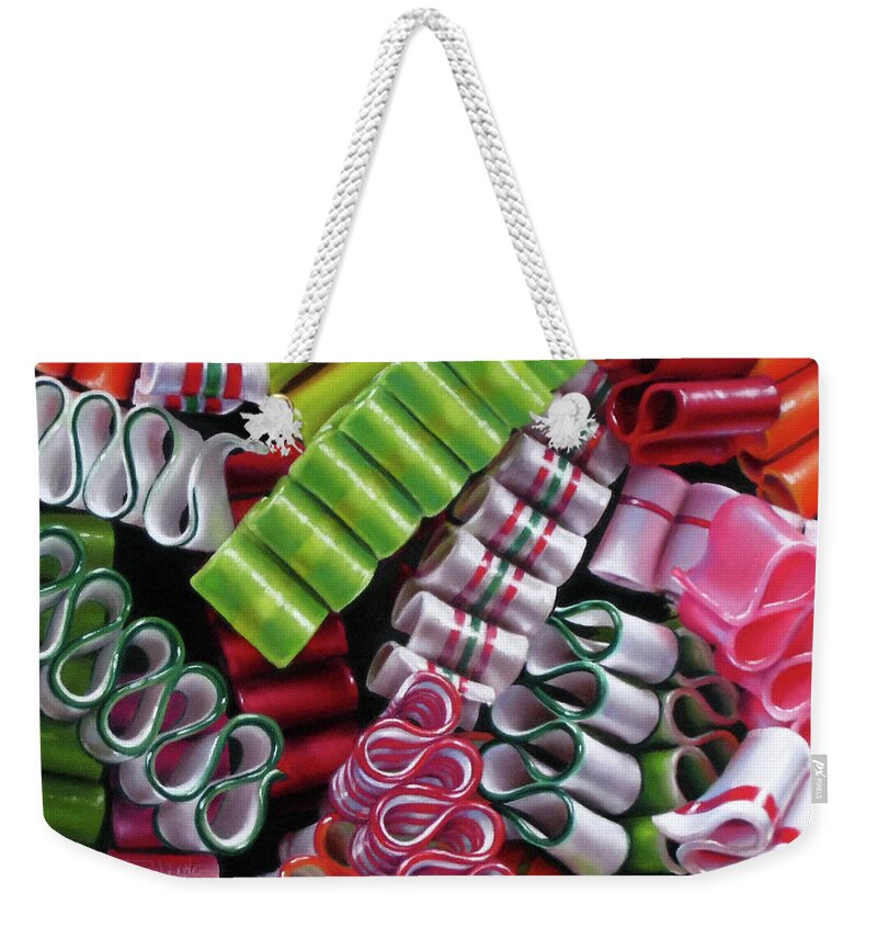 Candy Weekender Tote Bag featuring the pastel Sweet Ribbons by Dianna Ponting