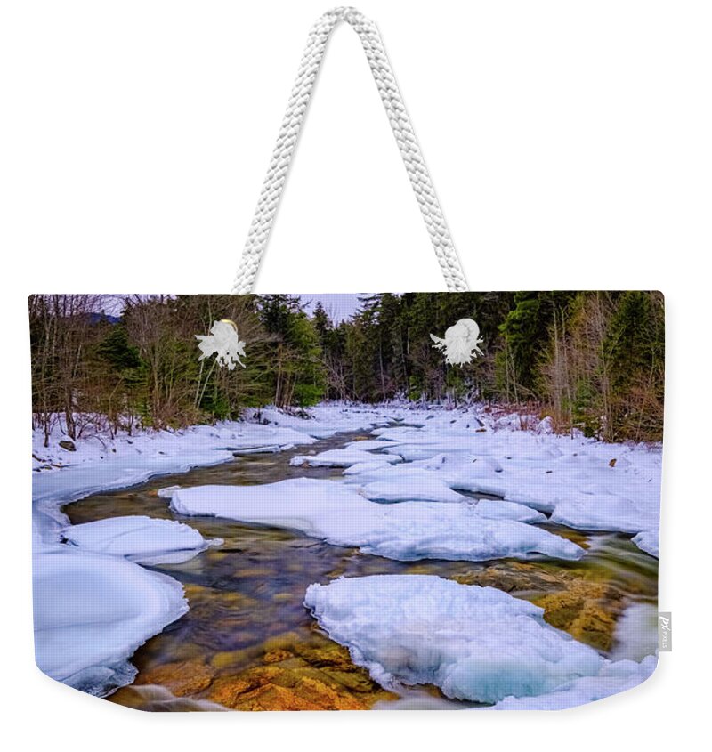 Snow Weekender Tote Bag featuring the photograph Swift River Winter by Jeff Sinon