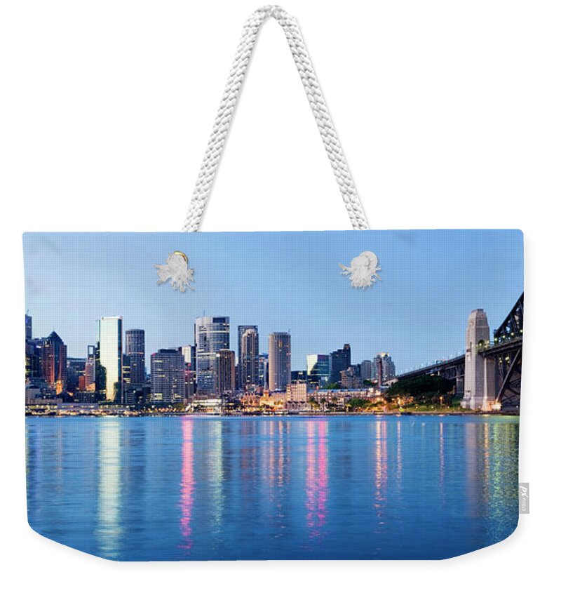 Dawn Weekender Tote Bag featuring the photograph Sydney City Downtown Skyline At Night by Deejpilot