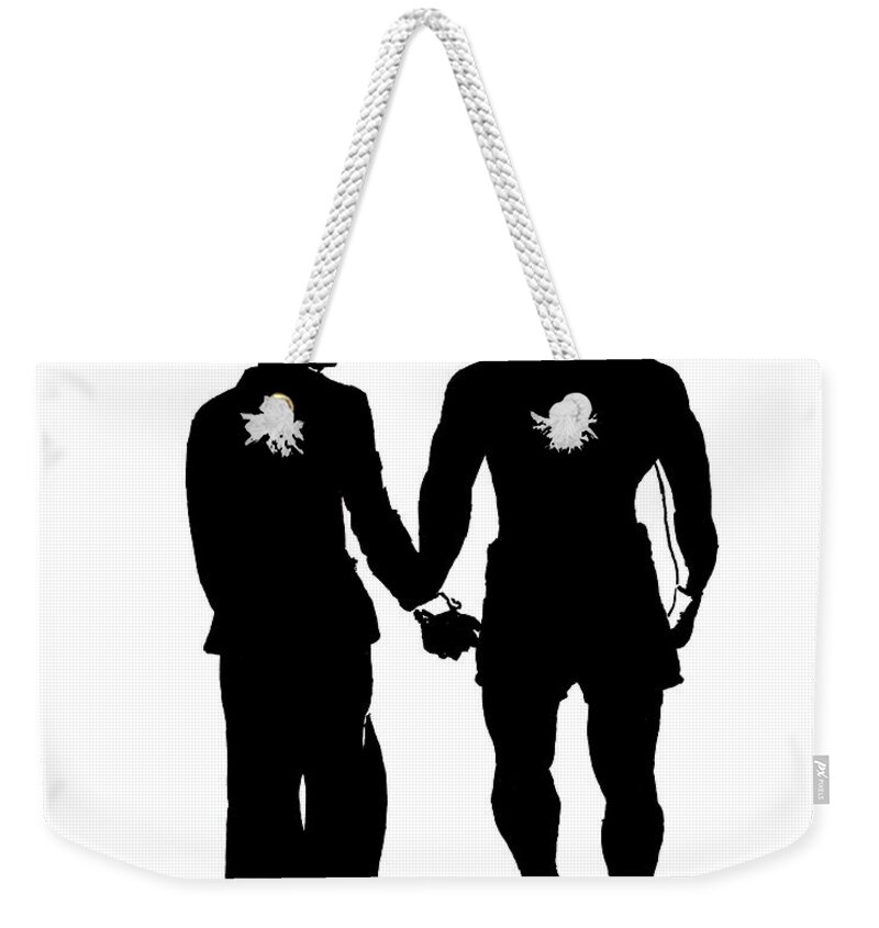 Sylvester Stallone And Talia Shire In Rocky Weekender Tote Bag featuring the drawing Sylvester Stallone and Talia Shire in Rocky by Jim Fitzpatrick
