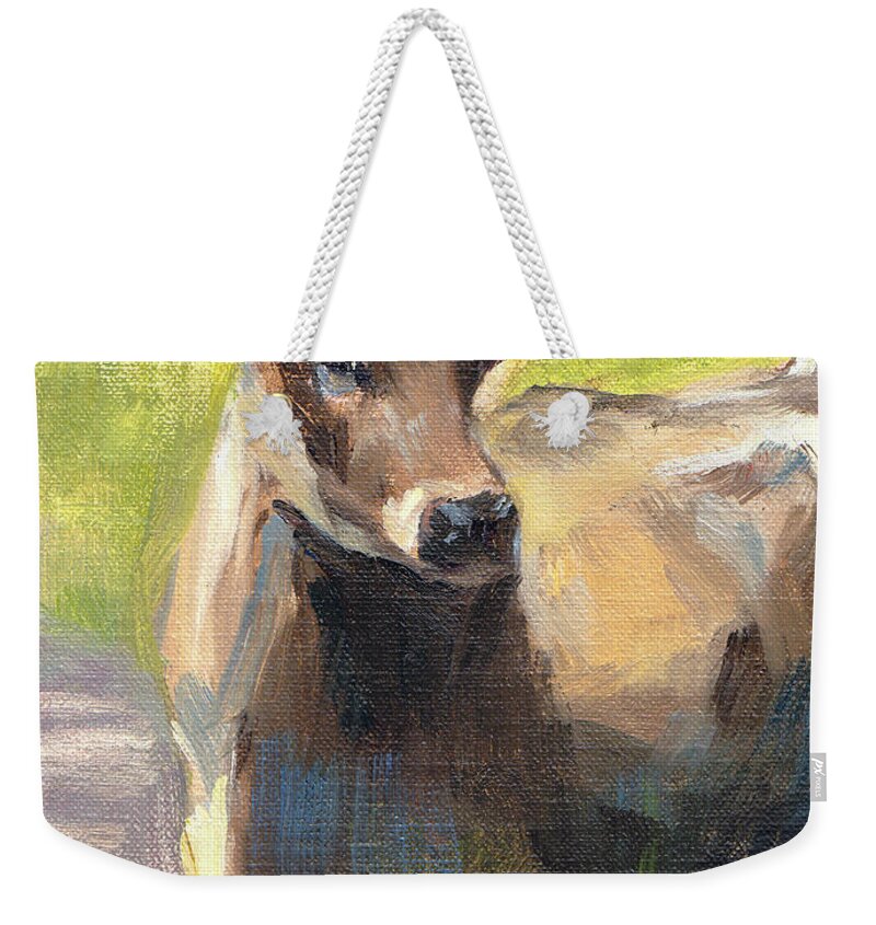 Cow Weekender Tote Bag featuring the painting Taking a Closer Look by Merle Keller