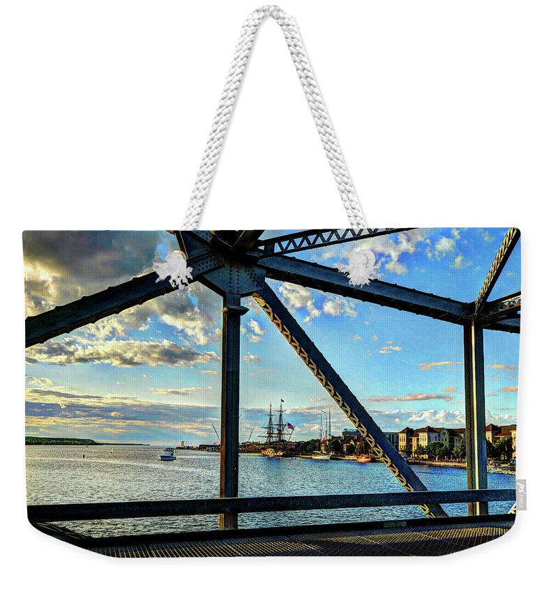 Bridge Weekender Tote Bag featuring the digital art Tall Ships from Bridge by Rod Melotte