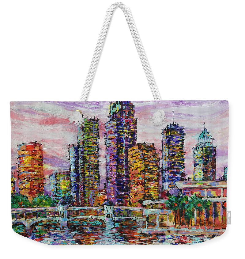  Weekender Tote Bag featuring the painting Tampa skyline at Sunset by Jyotika Shroff