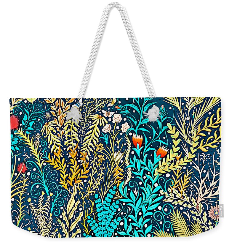 Lise Winne Weekender Tote Bag featuring the mixed media Tapestry and Home Decor Design in Dark Navy Blue with Yellow and Turquoise Foliage by Lise Winne