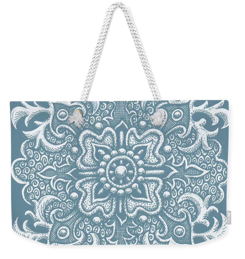 Boho Weekender Tote Bag featuring the drawing Tapestry Square 2 Artifact Blue by Amy E Fraser