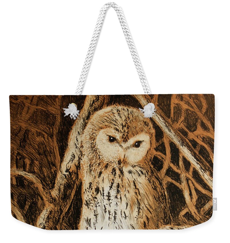Tawny Owl Weekender Tote Bag featuring the drawing Tawny Owl by Hans Egil Saele