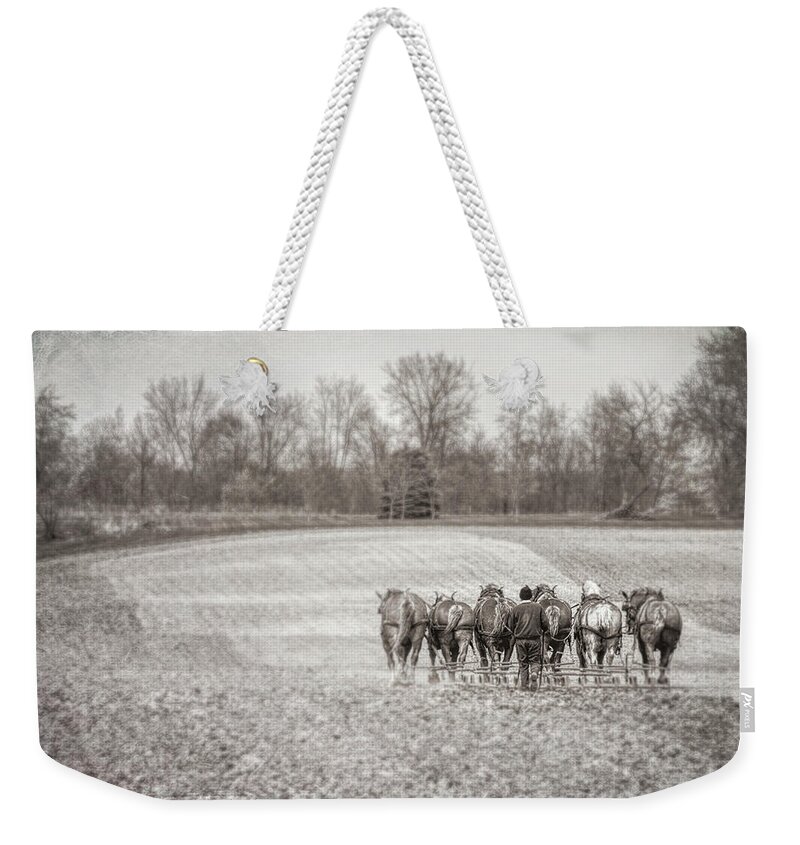 Amish Weekender Tote Bag featuring the photograph Team of Six Horses Tilling the Fields by Tom Mc Nemar