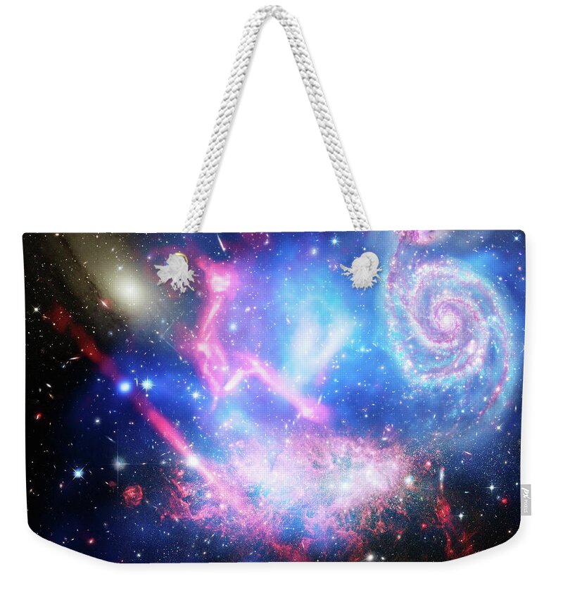 Telescope Weekender Tote Bag featuring the photograph Telescopes Combine to Push Frontier on Galaxy Clusters. by Joaquin Corbalan